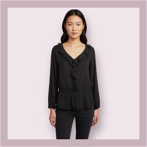 White House Black Market Women’s Black Ruffled Peplum Silk Top Blouse Size S